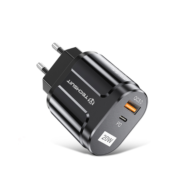 Picture of Wall charger Techsuit CHPD038 1x USB & 1x Type-C 20W Q.C. 3.0- Black