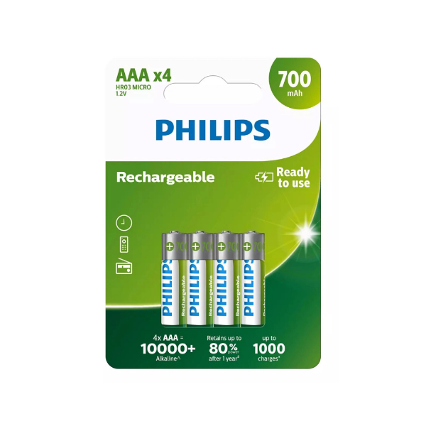 Εικόνα της Philips Επαναφορτιζόμενες Μπαταρίες AAA 700mAh 4τμχ HR03 Micro